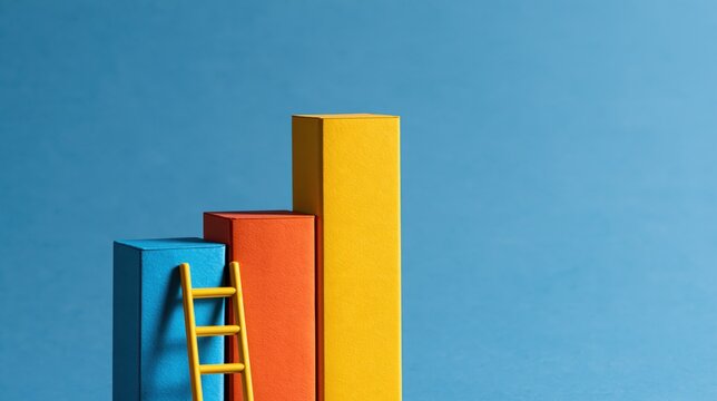 Colorful paper blocks representing bar graph with yellow ladder on blue background