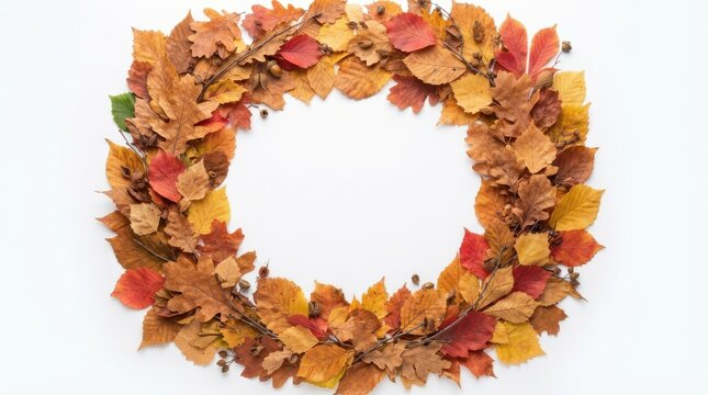 Autumn leaves wreath frame flat lay composition