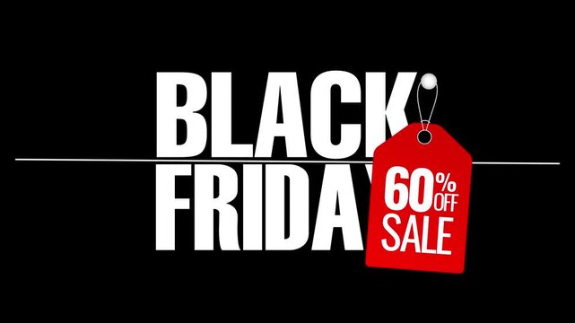 4K Black Friday mega sale promo animation with red hanging tag 60 percent off discount offer.