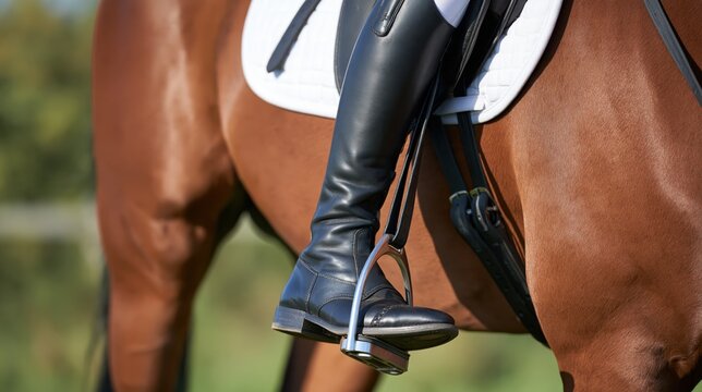 Close up of rider leg in black leather riding boot and metal stirrup on side of brown horse