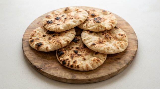 Freshly baked pita bread on a wooden cutting board