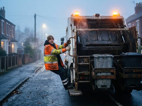 Foggy street waste collection with sanitation worker on a garbage truck