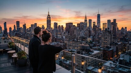 Fototapeta premium Couple enjoying sunset cityscape view from a rooftop terrace