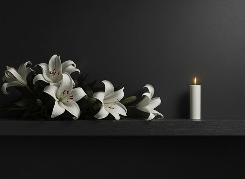 White Lily Flowers and Single Burning Candle on Dark Shelf for Funeral or Memorial Concept