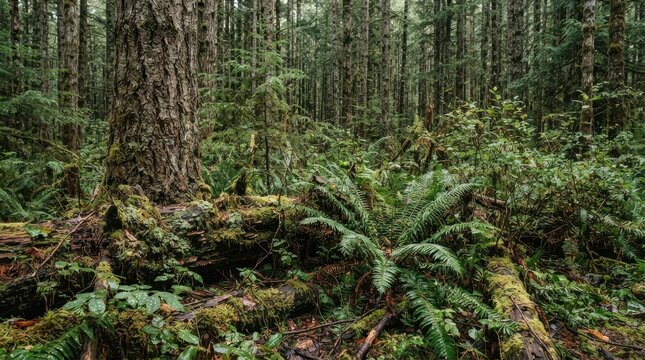Lush temperate rainforest with dense trees and ferns