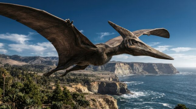 Pterodactyl flying over coastal cliffs and ocean