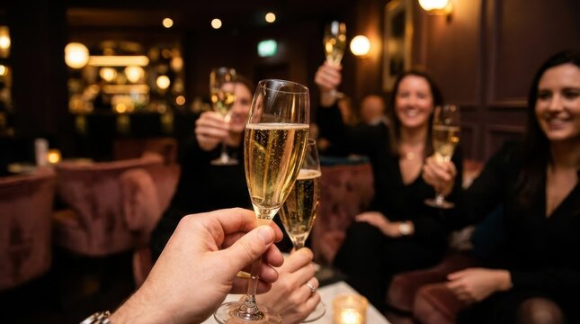Friends celebrating and toasting with champagne flutes in a bar