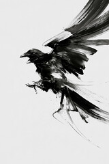 Fototapeta premium Dynamic black ink painting showing a raven with powerful wings and talons, symbolizing strength, motion, and artistic expression