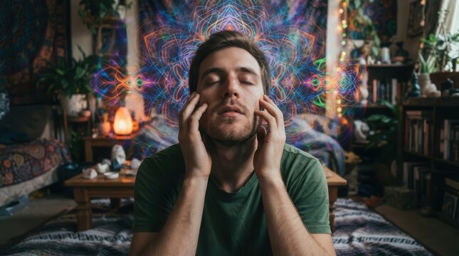 Young man meditating with closed eyes in bohemian room with glowing energy pattern