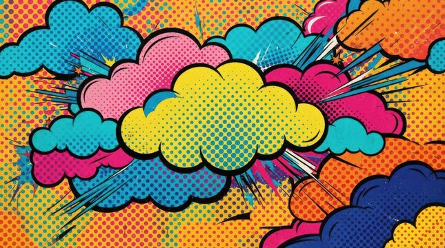 Pop art comic book style background with colorful clouds and halftone pattern