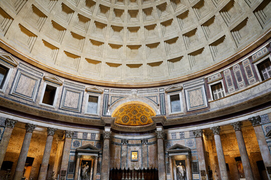 Architecture of the Pantheon, Centro Storico, Rome, Italy, It is an ancient 2nd century Roman temple and, since AD 609, a Catholic church called the Basilica of St, Mary and the Martyrs