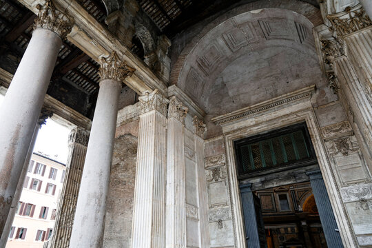 Architecture of the Pantheon, Centro Storico, Rome, Italy, It is an ancient 2nd century Roman temple and, since AD 609, a Catholic church called the Basilica of St, Mary and the Martyrs