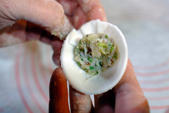 A close-up view of a hand filling a dumpling wrapper with a flavorful mix of ingredients, showcasing the artisanal process of making traditional dumplings. Asian kitchen.