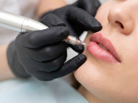 Lip filler treatment with cosmetic tattoo device and gloved practitioner closeup