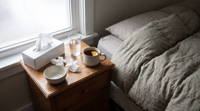 Bedside nightstand with tissue box, used tissues, water and hot tea with lemon during a sick day at home