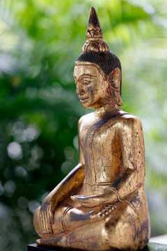 Antique golden Buddha statue seated in meditation pose surrounded by lush green foliage. Siem Reap. Cambodia.