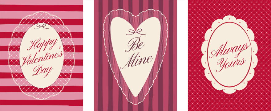 Three Valentine designs combine handwritten greetings, lace details, and rich pink tones. Great for holiday advertising, postcards, and gift cards.