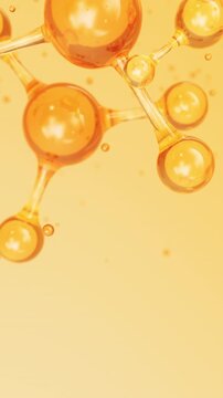 3D golden glass molecules with bonded spheres. Cosmetic collagen serum, essence oil, vitamin, hyaluronic acid for skin care. Healthcare concept loop animation. Vertical Video.