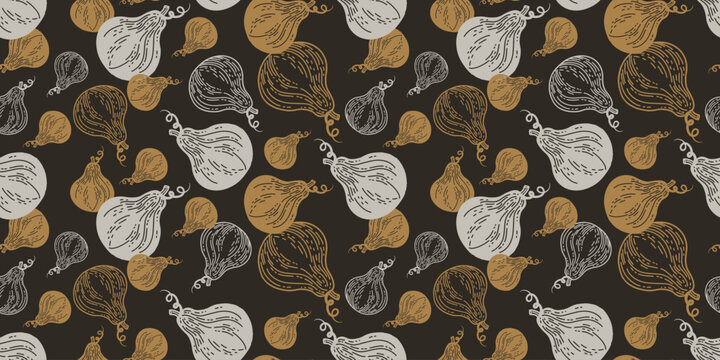 Seamless pattern of hand drawn butternut squash and pumpkins with curly tendrils in vintage engraving style. Golden ochre and warm gray on a dark brown background. Ideal for textile, packaging and dec