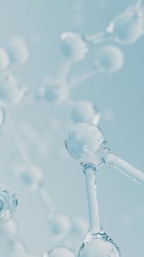 3D glass molecular chains with connected spheres. Cosmetic collagen serum, essence oil, vitamin, hyaluronic acid for skin care. Healthcare concept animation. Vertical Video.