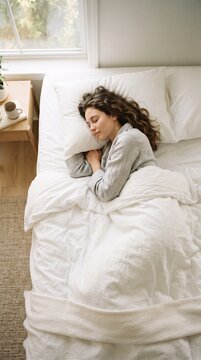 Young woman with curly brown hair sleeping peacefully in a white bed next to a window with natural light