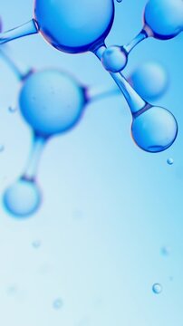3D blue glass molecules and bonds for a cosmetics background. Collagen serum, essence oil, vitamin, hyaluronic acid for skin care. Beauty science backdrop. Healthcare loop animation. Vertical Video.