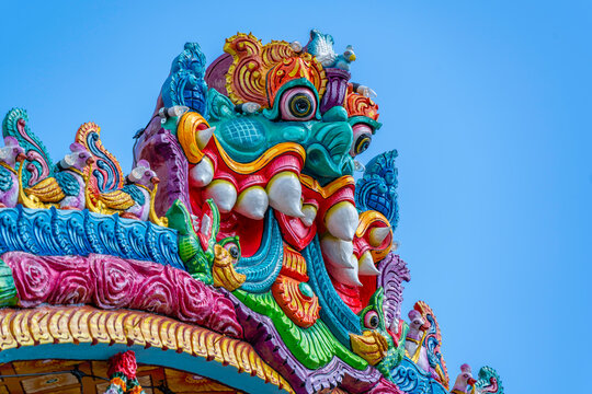 View of colourful ornate detail of Sri Muthumari Amman Kovil, Matale, Sri Lanka