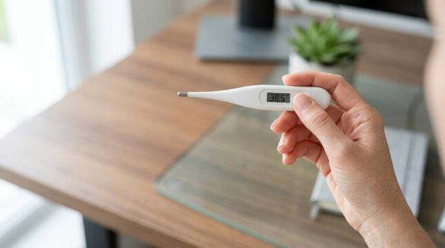 Digital thermometer showing a high fever reading of 38.5 Celsius held in a hand within a modern home office, symbolizing corporate wellness, remote work health, and medical monitoring