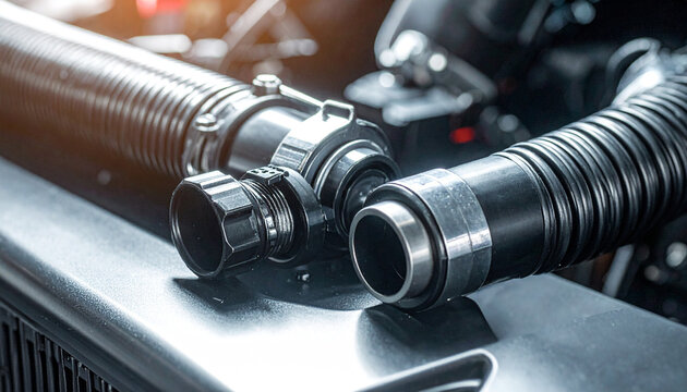 Car Radiator Hose Detail: Close-up of a car radiator hose and clamp, showcasing intricate details and connection points, highlighting the mechanical precision.