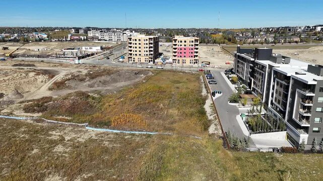 Calgary's beautiful suburban community under construction from the air.