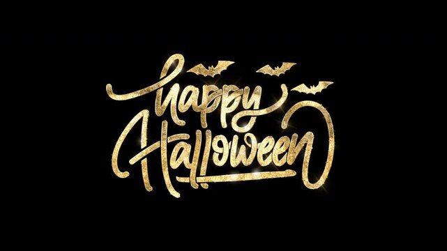 happy halloween animation with alpha channel. handwritten text in glitter shiny gold effect with flying bats. Great for Halloween party and social media post