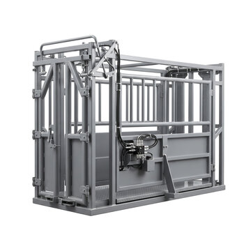 Industrial steel cattle squeeze chute for livestock handling isolated on transparent background
