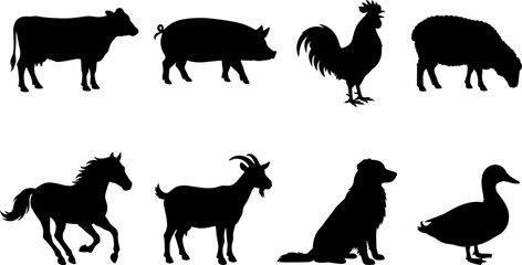 Fototapeta premium Collection of domestic farm animal silhouettes including cow, horse, and pig isolated on white background.