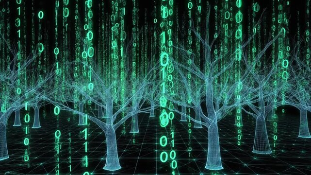 Digital Forest of Binary Code Futuristic Technology and Nature Blend
