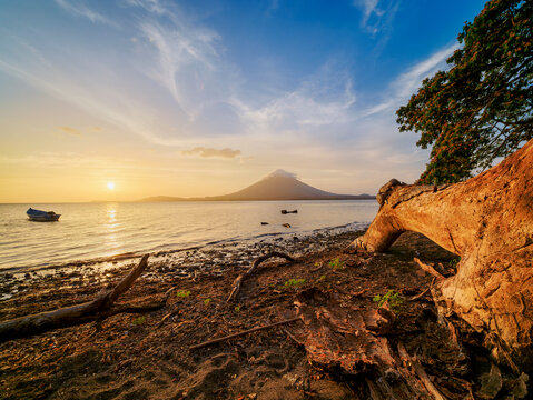 Concepcion Volcano seen from the lakefront in Merida at sunset, Ometepe Island, Lake Nicaragua, Rivas Department, Nicaragua
