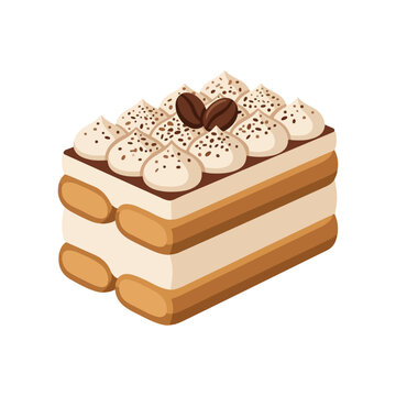 Italian tiramisu dessert cake slice flat vector graphic isolated