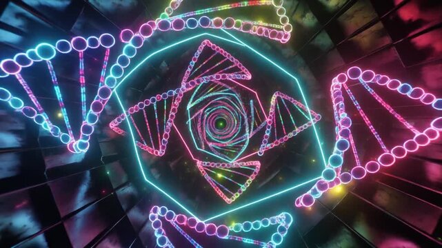 Abstract DNA Helix Tunnel Sci-Fi Background, Neon Genetic Science, Futuristic Biotech