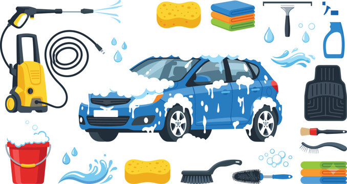 Car Wash and Auto Detailing Equipment Vector Set with Soapy Car Pressure Washer Bucket Sponges Microfiber Towels Squeegee Brushes Spray Bottle and Floor Mat