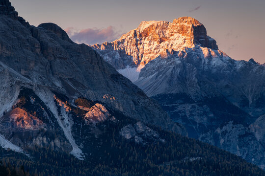 Sunset on Croda Rossa d'Ampezzo also known as Hohe Gaisl, photographed from Passo Giau, near Cortina d'Ampezzo, Ampezzo Dolomites, Italy