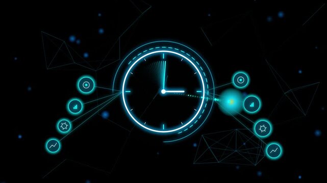 Digital clock hud interface with data analytics icons and network connections, futuristic business time management motion
