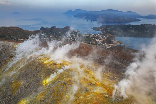 Sulfur fumaroles in the volcanic caldera of Vulcano island, Aeolian islands, Messina province, Tyrrhenian Sea, Mediterranean Sea, Sicily, South of Italy,, Italy