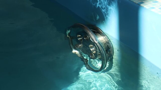 Underwater pool nozzle circulating water with sun rays reflecting on blue wall