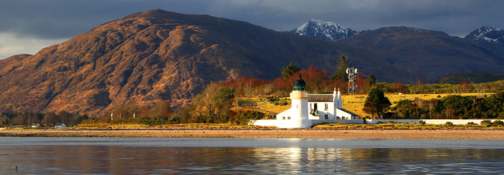 Ardgour Beach and Corran Point Lighthouse from Corran, near Fort William, Highland, Scotland