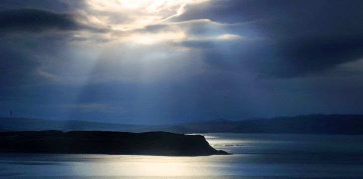 Islands of Rum and Eigg (Small Isles) from Elgol, Isle of Skye, Highlands, Scotland, UK