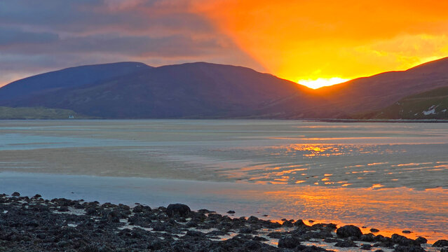 Sunset over Lochan, Assynt, Highlands, Scotland, UK