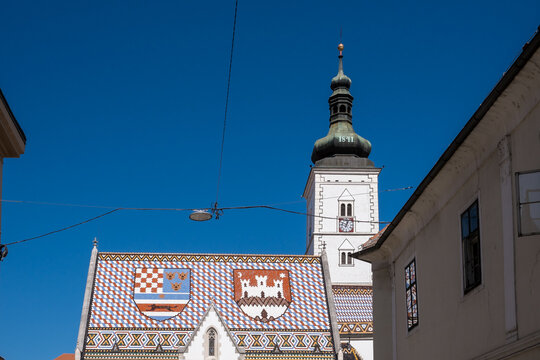 View of St. Mark&acirc;&euro;&trade;s Church with its colorful tiled roof and Gothic tower, Zagreb, Croatia