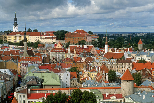 Aerial overview of Old Town Tallinn from Sokos Viru hotel, Estonia