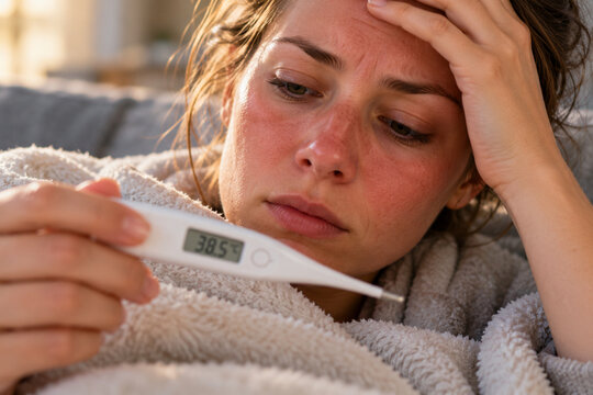 Femme malade avec fi&egrave;vre et thermom&egrave;tre affichant 38,5 &deg;C, visage rougi et fatigue