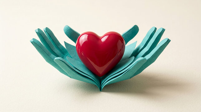 Red heart cradled by teal paper hands, symbolizing care, protection, and love, perfect for health or Valentine's Day themes