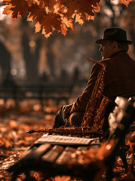 Starszy mężczyzna w kapeluszu i płaszczu siedzi na parkowej ławce pełnej opadłych liści, obok kt&oacute;rej spoczywa saksofon, w ciepłej, jesiennej scenerii.